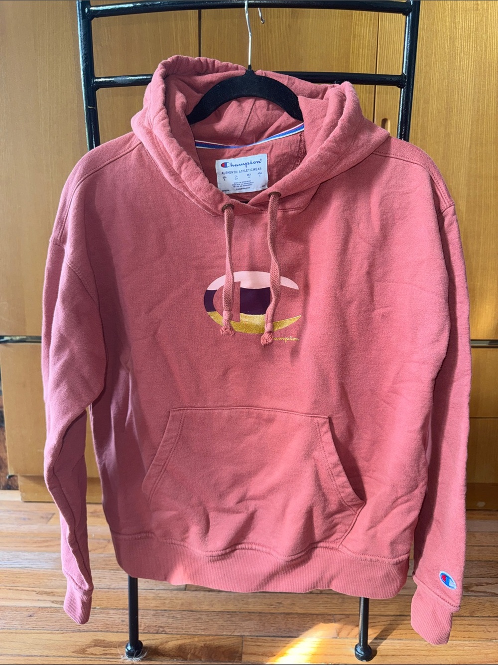 Champion Dusty Rose Crewneck Hoodie with Multicolor Logo